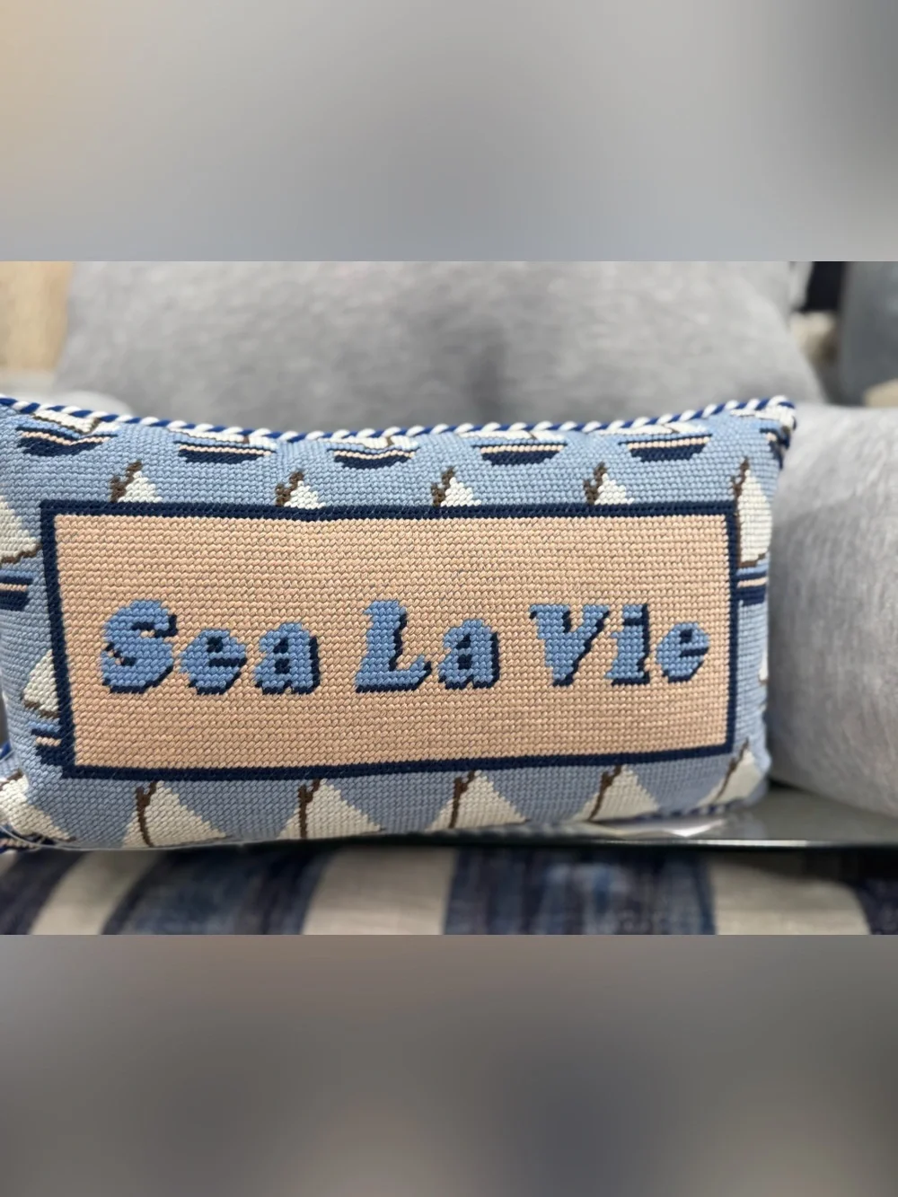 Sea La Vie Blue and Cream Nautical Needlepoint Pillow